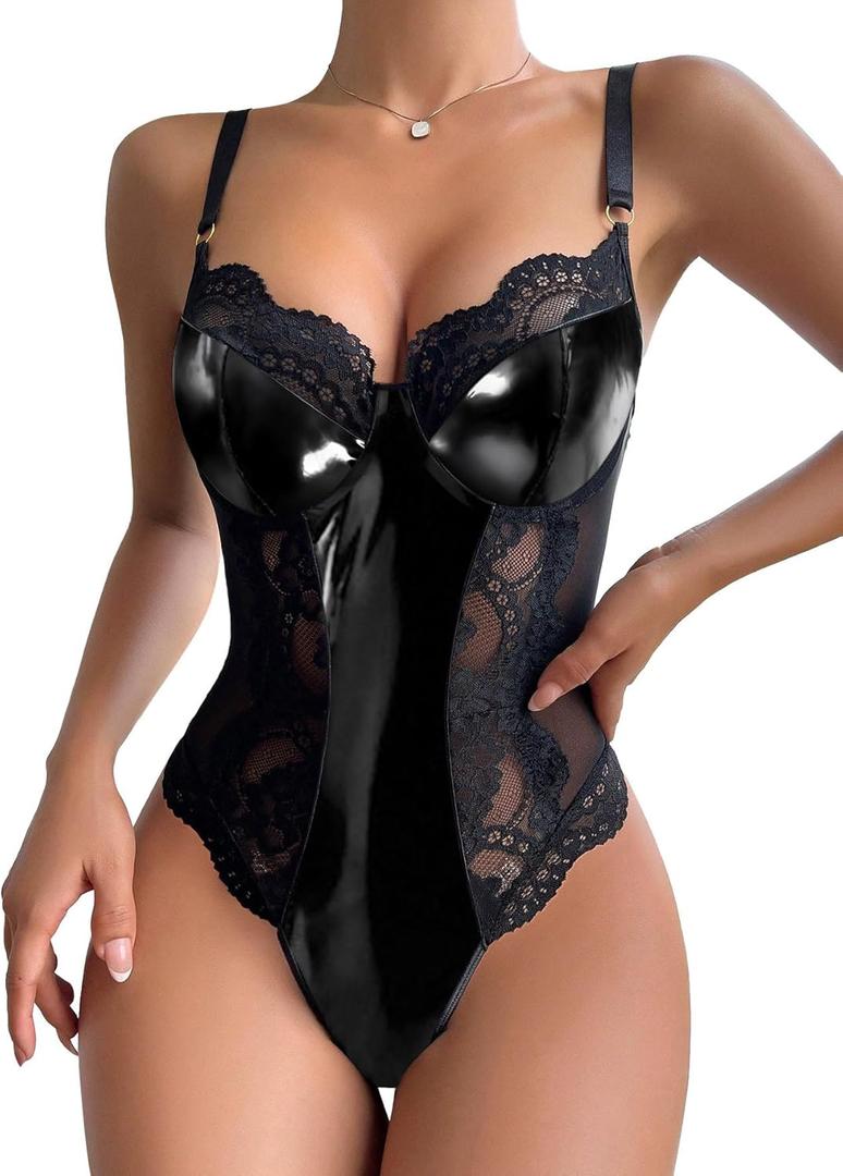 Lilosy Sexy Leather Underwire Push Up Floral Lace Sheer Corset Lingerie Women Teddy Bodysuit Bustier Top One Piece