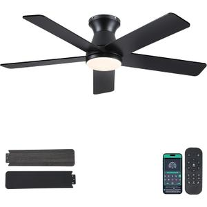46" Low Profile Ceiling Fans with Lights and Remote, Black Indoor Ceiling Fan Light with Quiet Reversible DC Motor,Modern Flush Mount Ceiling Fans with Dimmable LED for Bedroom Kitchen (5 Blades 46"Grain/Black)