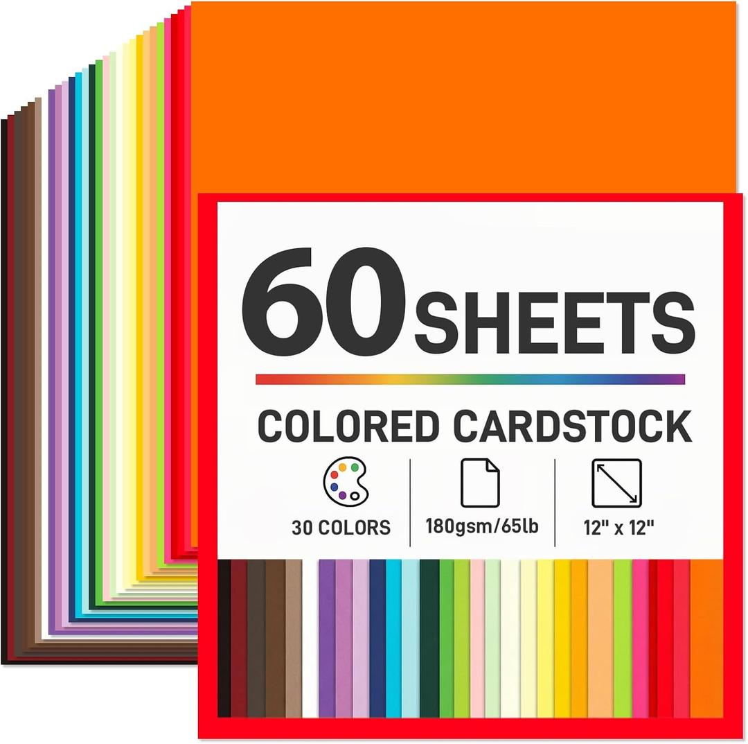 SallyFashion 60 Sheets Colored Cardstock Paper 12x12, 65lb/180gsm Cardstock in 30 Vibrant Colors for Card Making, Scrapbooking & DIY Crafts, Die Cutting