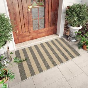 LEEVAN Outdoor Patio Rug 3x5, Washable Striped Front Porch Mat, Spring Colorful Outside Entryway Rug, Woven Welcome Doormat Tan and Black Buffalo Backyard Layered Mat for Entrance/Go Away/Deck