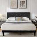 Queen Bed Frame with Headboard, Bed Frame Queen Size with Sturdy Wooden Slats Support, Platform Frame with Velvet Upholstered Headboard, Mattress Foundation, Easy Assembly, No Box Spring Needed Black