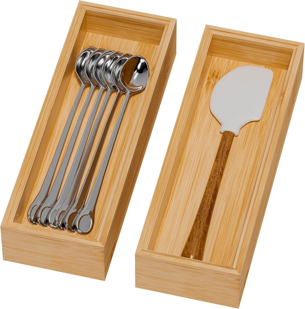 Lixple Bamboo Drawer Organizer for Kitchen Utensils, 2 Pack Stackable Cutlery Trays, Fits 1/2" Knives and Silverware, 10" x 3.5" x 2" (Outer), 9.3" x 2.8" x 1.3" (Inner)