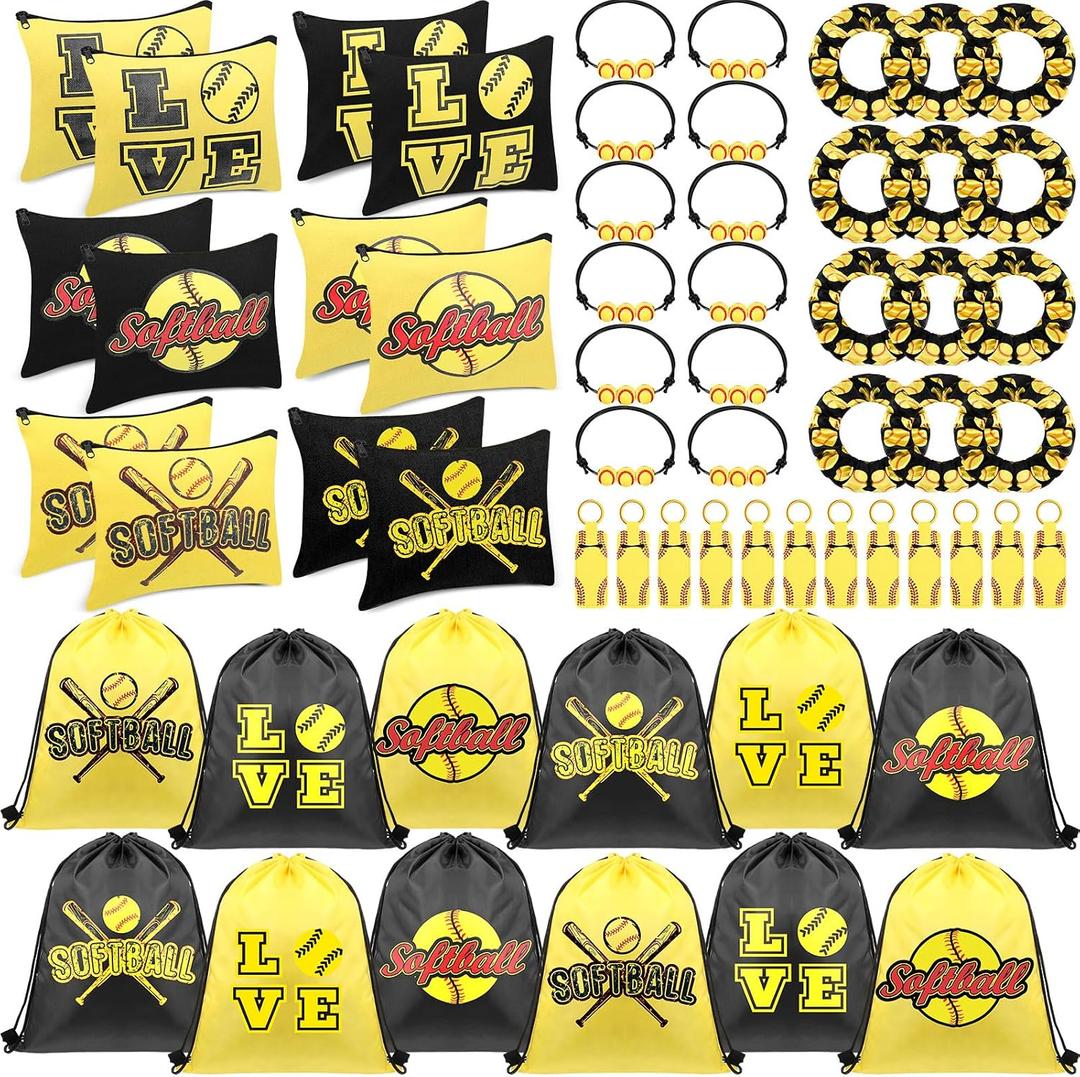 Paterr 60 Pcs Softball Party Favors Team Gifts 12 Drawstring Bag 12 Makeup Bags 12 Lipstick Holder 12 Hair Scrunchies 12 Bracelet for Softball Party(Sweet Style)