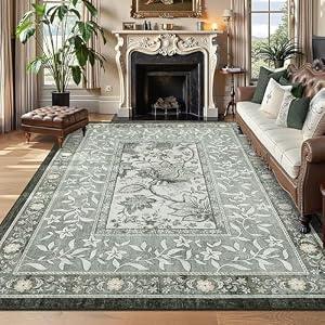 GarveeHome Provence9x12 Area Rug for Living Room, Botanical Grove Soft Cottagecore Washable Rug for Bedroom Dining Nursery Low-Pile Vintage Large Carpet Gray Fog Green
