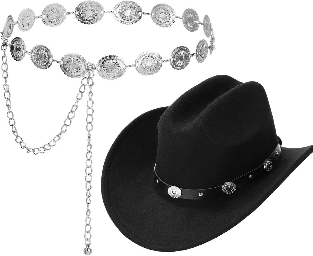 Geyoga 2 Pcs Western Cowboy Outfit Include Cowboy Hat Belt Boho Western Metal Chain Belt Matching Couples for Dresses Party (Black)