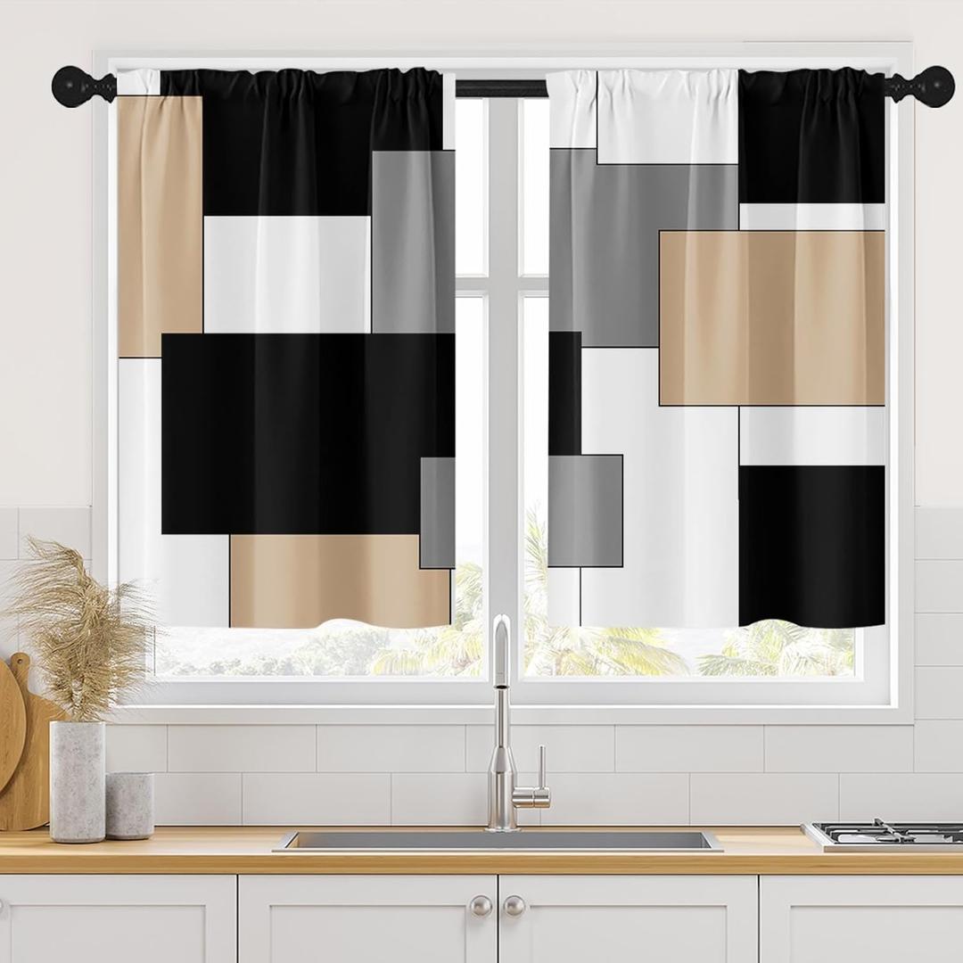 Geometric Beige Kitchen Curtains 36 Inch Length Black Grey White Window Short Tier Curtains Over Sink Set of 2, Modern Abstract Art Small Kitchen Decor 26x36 Inch