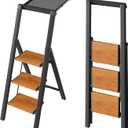 Taranta Step Ladder,3 Step Ladder Foldable with Handrail-Black Woodgrain