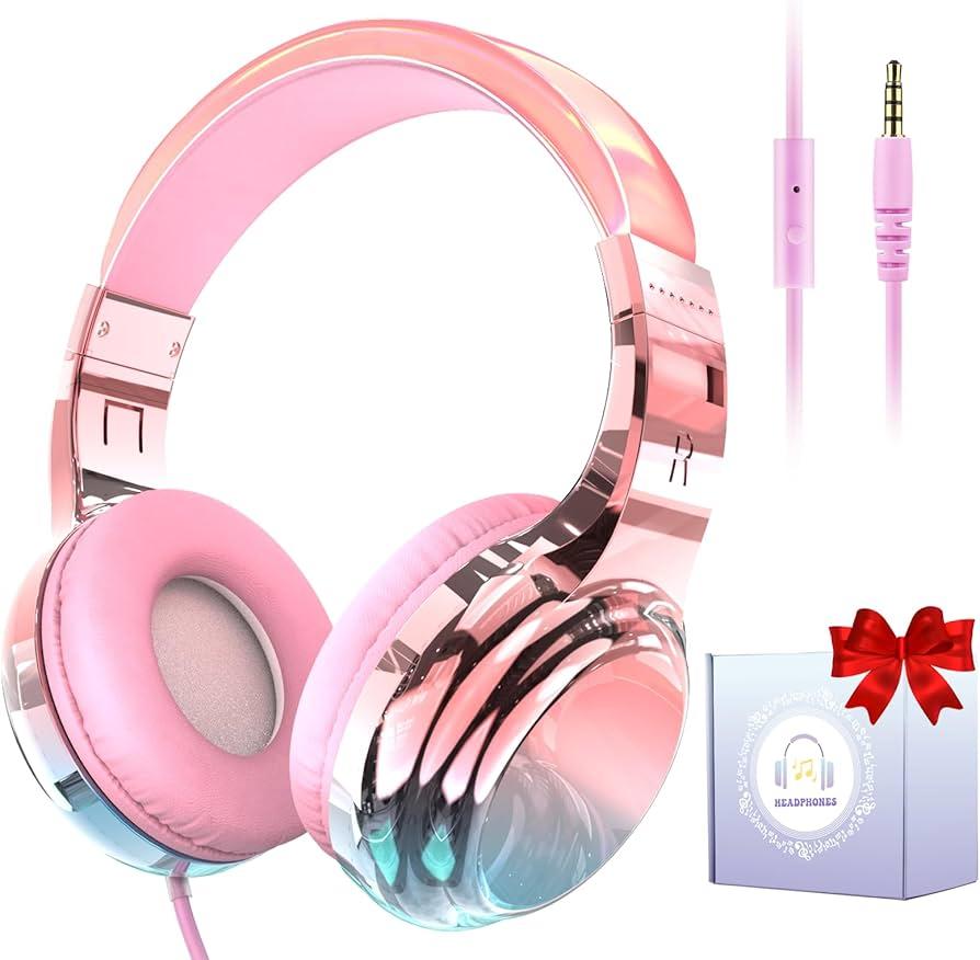 QearFun Headphones for Girls Kids for School,Cool Kids Wired Headphones with Microphone&3.5mm Jack,Teens Noise Cancelling Headphone with Adjustable Headband for Tablet/Smartphones-Gradient Deep, Pink