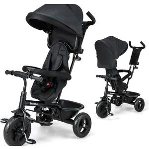 INFANS Kids Tricycle, 6 in 1 Baby Trike Toddler Bike with Reversible Seat, Adjustable Push Handle, Control Direction, Removable Canopy, Safety Harness, Belt, Storage, 9-60 Months (Black) Item is missing a wheel and hardware