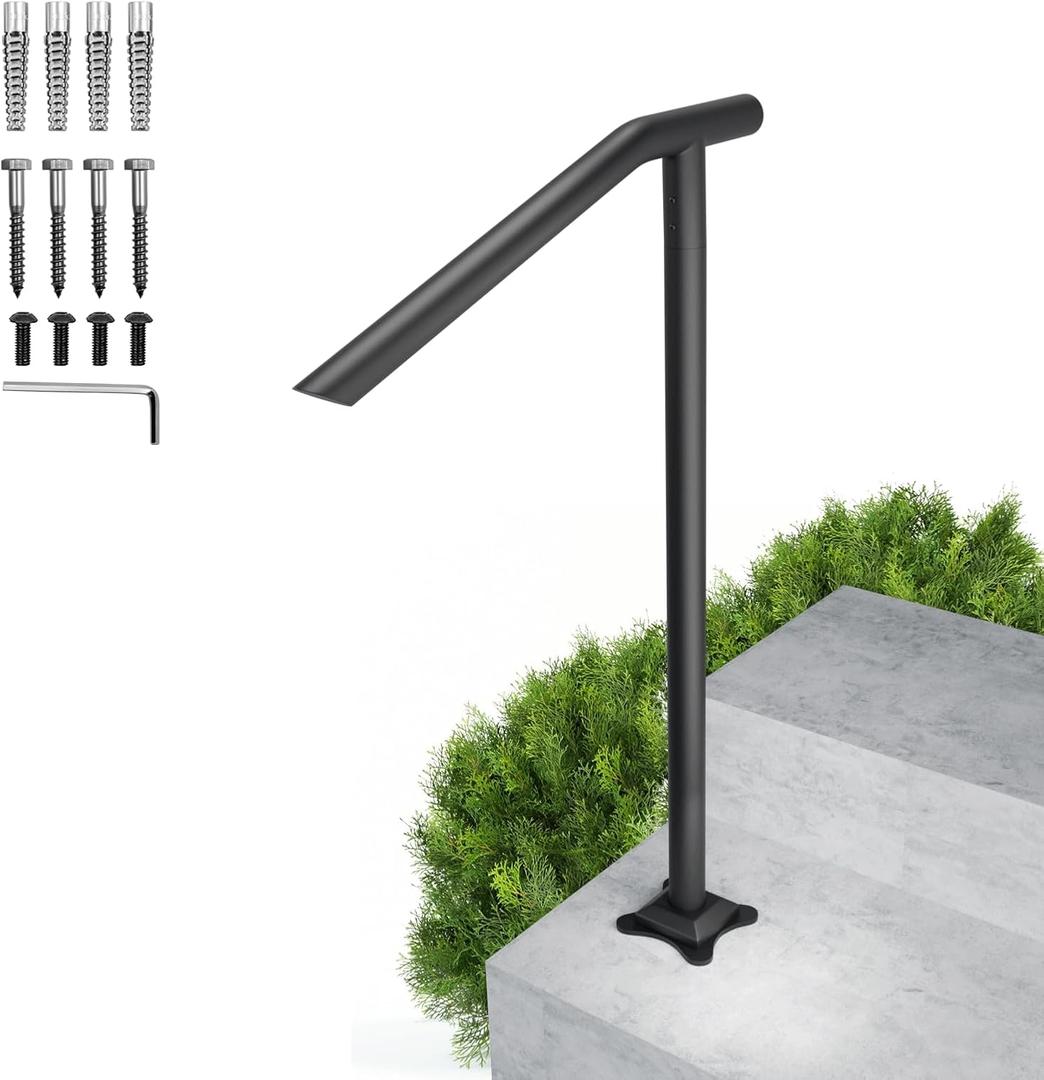 SPACEEUP handrails for Outdoor Steps Railing for Stairs,1-3 Steps Handrail, Black Steel Railing Round Type Stair Handrail for Stairs Railing with Expansion Bolts & Drill Bit