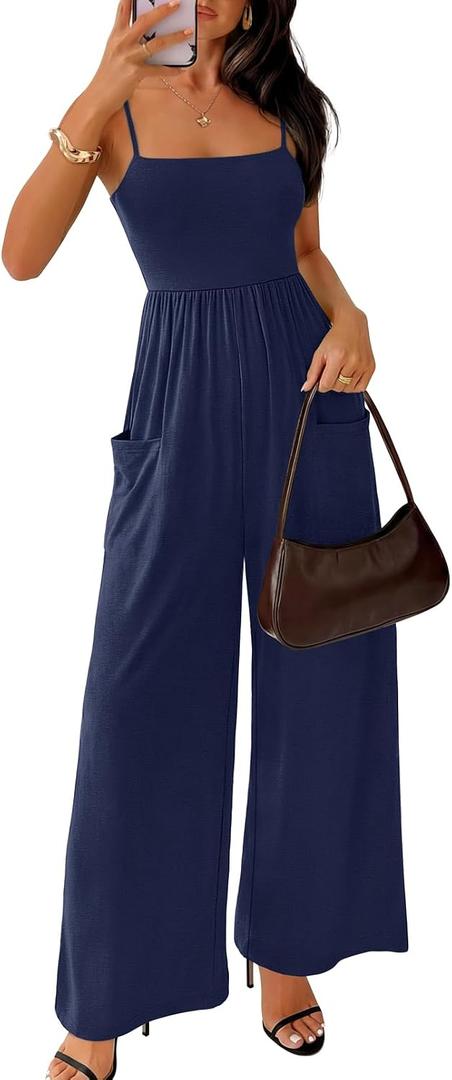 MEROKEETY Women's Summer Casual Rompers Sleeveless Spaghetti Strap Boho Wide Leg Jumpsuits Travel Vacation Outfits Overalls (S)