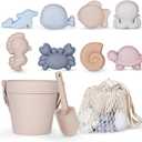 MarcZero 11Pcs Silicone Beach Toys,Modern Baby Beach Toys,Travel Friendly Beach Set,Silicone Bucket, Shovel, 8 Sand Molds, Beach Bag,Silicone Sand Toys for Toddlers, Kids (Begie)