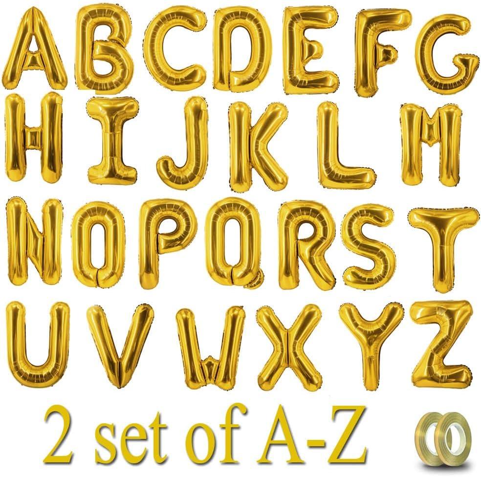 52 Pcs Gold Letter Balloons Foil Alphabet A to Z Balloons DIY Personalized Phrase Banner for Baby Shower Wedding Party Supplies Custom Decor 16 Inch