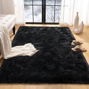 Fluffy Rug for Bedroom, 4x6 Black Area Rugs for Living Room Dorm Shaggy Rug Fuzzy Kids Rug Carpet Soft Plush Furry Bedside Rug Plush Indoor College Nursery Home Decor