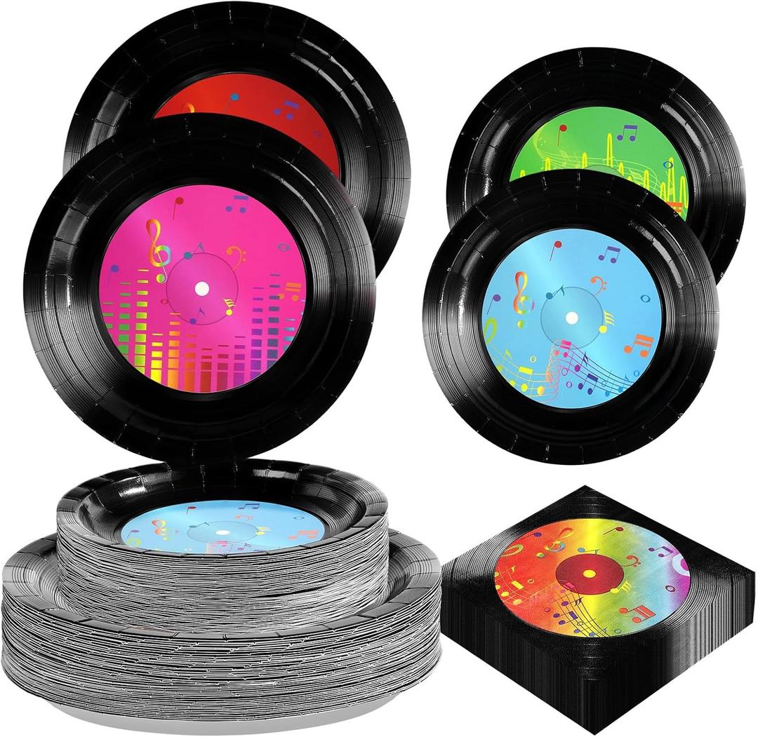 200Pcs Rock and Roll Record Party Supplies 2026 50s Vinyl Record Plates and Napkins Disposable Karaoke Decorations for 1950s Dj Rock Music Themed Vintage Birthday Bachelorette Supplies Serve 50