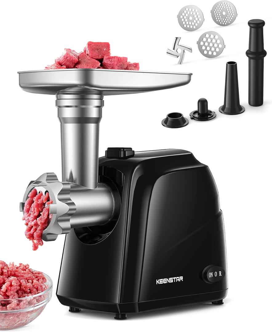 Electric Meat Grinder, Sausage Stuffer Maker Food Grinder with Blade & 3 Plates, Sausage Stuffer Tubes & Kubbe Kit, Heavy Duty Meat Mincer Machine for Home Kitchen Use (Black)