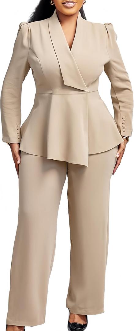 Women Suit Jacket 2 Piece Ruffle Blazer with Wide Leg Pants Suit Long Sleeve Business Casual Outfits (M)