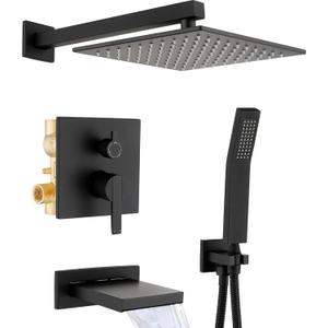 Shower System with Tub Spout, All Metal Black Bathtub Shower Faucet Set with High Pressure 10 Inch Rain Shower Head and Handheld Shower Head Set, Matte Black (Valve Include