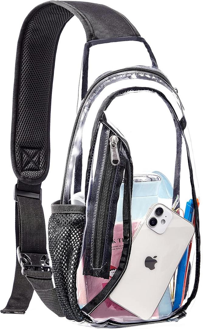 Clear Sling Bag, Stadium Approved PVC Crossbody Backpack, Clear Casual Chest Daypack for Hiking, Stadium or Concerts (Black)
