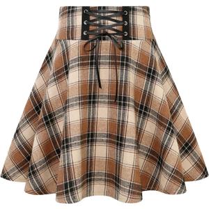 IDEALSANXUN Plaid Skirts for Women 2026 Fall Winter Cute Y2k High Waisted A Line Gothic Short Pleated Mini Skirt, Plaid Light Brown, M