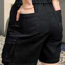 IVIR Bermuda Shorts for Women Cargo Shorts Knee Length 6 Pockets Elastic Waist Long Shorts for Summer Casual (Black, L)