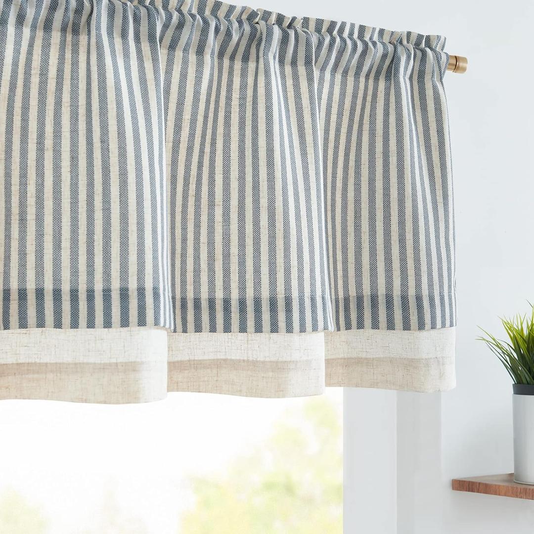 jinchan Linen Valance Curtain Striped Small Window Curtain Double Layer Light Filtering Beach Coastal Modern Farmhouse Valance for Kitchen Living Room Bedroom 18 Inch Rod Pocket 1 Panel Blue on Beige