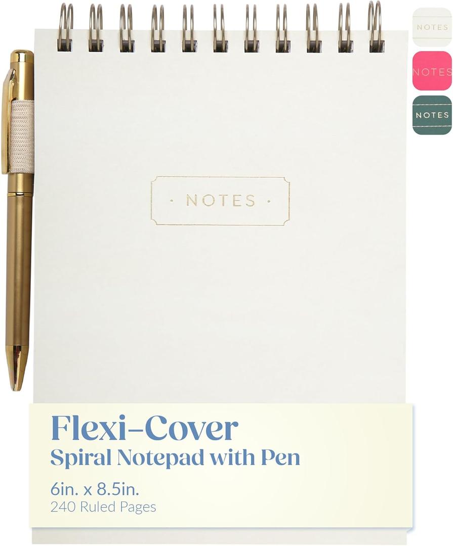 Eccolo Lined Top Spiral Notebook, Flexi-Cover Steno Pad with Pen Included (240 Perforated Pages), "Notes" A5 Notepad Ideal for Note Taking in School, College or Work (Cream, 6x8.5 Inches)