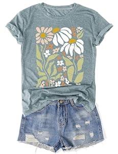 Vintage Wildflowers Graphic Shirt Women's Casual Holiday Short Sleeved T-Shirt Boho Floral Printed Tee Fall Tops (Medium, Green-00)