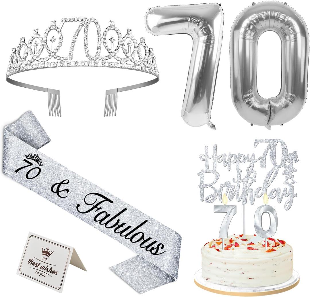 70th Birthday Decorations for Women Silver with 70th Birthday Sash and Crown, Cake Topper and Candles, Silver Number Balloons, 70 Year Old Gifts for Women