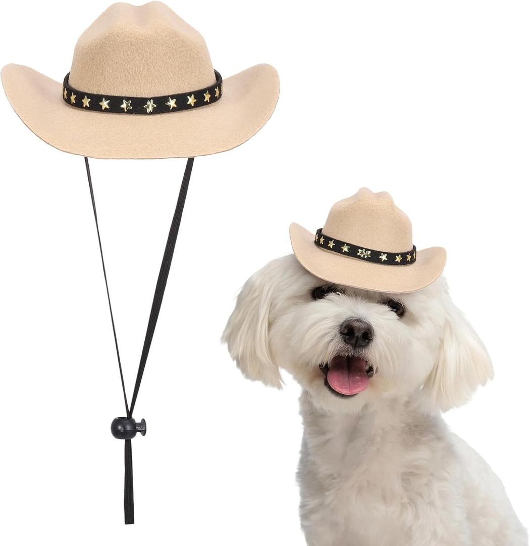 Dog Cowboy Hat, Mini Cowboy Hat for Pet with Chin Strap Adjustable Cosplay Cap, (Khaki, M), Intended for Dogs and Cats/Halloween Costume/Party Decoration