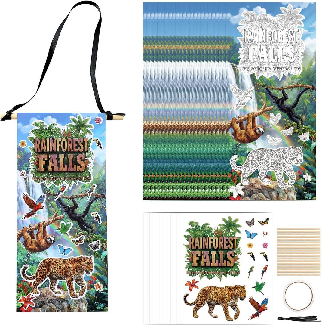 Gersoniel 24 Set VBS 2026 Hanging Craft Kit Make Your Own Rainforest Falls Wall Hanging Decor Include Rainforest Background Animal Stickers for DIY Crafts VBS Activities Sunday Church Decor, 9.3 x 4.2 inches