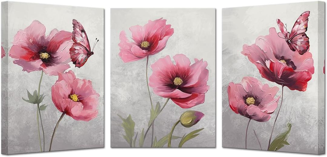 KREATIVE ARTS 3 Pieces Flower Canvas Wall Art Flower Poppy Blossom Picture Wall Decor Floral Painting Framed Poster for Bathroom Easy to Hang Each Panel 12x16 Inch (Pink)
