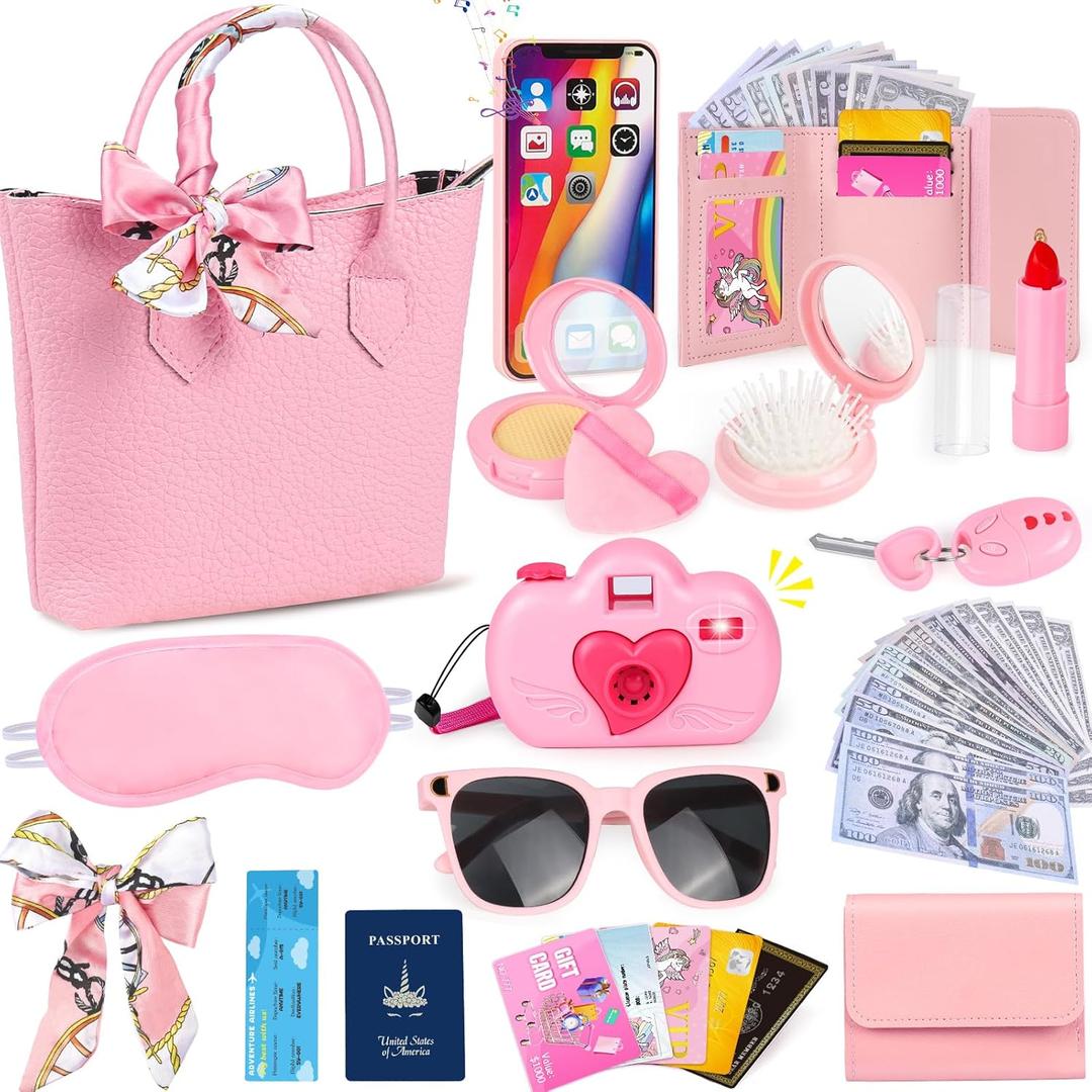 HUUIDY Play Purse for Little Girls, Toddler Travel Purse with Accessories, Pretend Play Toys Including Handbag, Camera, Phone, Wallet, Fake Makeup, Birthday Christmas Gifts for Girls Ages 3+