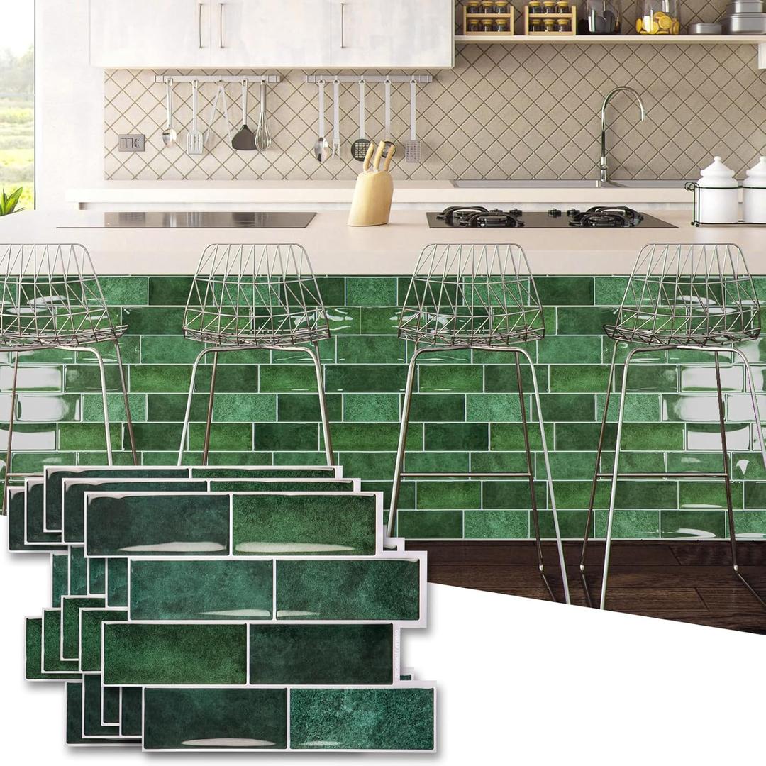 Art3dwallpanels 10-Sheet Peel and Stick Backsplash, 11.02'' x 8.46'' Peel and Stick Tile, 3D Self Adhesive Tile for Kitchen, Bathroom, Laundry Room, Dark Green