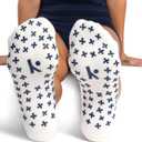 Kamo Fitness Pilates Socks with Grips for Women - Non-Slip Yoga, Barre Grip Sock - Grippy Cotton Crew Socks for Pilates, Yoga, Ballet, Reformer (White & Navy Touch, One Size)