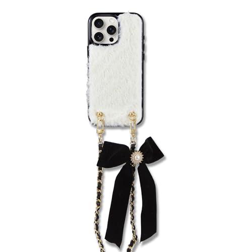 BONDIR Crossbody Case for iPhone 16 Pro Max with Gold and Black Vegan Leather Woven Chain - White Fur