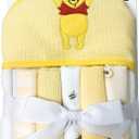 Cudlie Winnie The Pooh Bath Towel Set | Winnie The Pooh Hooded Baby Bath Towel | Includes Hoodie Towel & 5 Wash Cloths | Yellow/White | Officially Licensed