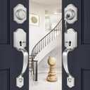 Goldenwarm Double Front Door Lock Set, Brushed Nickel Double Door Handle with Dummy, Double Classic Front Door Hardware Set with Reversible Wave Handle Lever, Double Entry Door Lock Set (1 Pack)