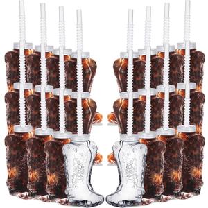 Hoolerry 24 Pcs 17 oz Plastic Cowboy Boot Cups Cowgirl Mugs with Straws and Lids Reusable Cowboy Cups for Baby Shower Rodeo Themed Birthday Party Decorations Supplies Western Accessories