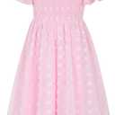 Kids4ever Pink Girl Chiffon Flower Dresses Size 8 9 Girl's Flying Short Sleeves Square Neck Frocks Plain Fancy Tutu Dress for 8-9 Years Child School Holiday Outdoor Daily Wear