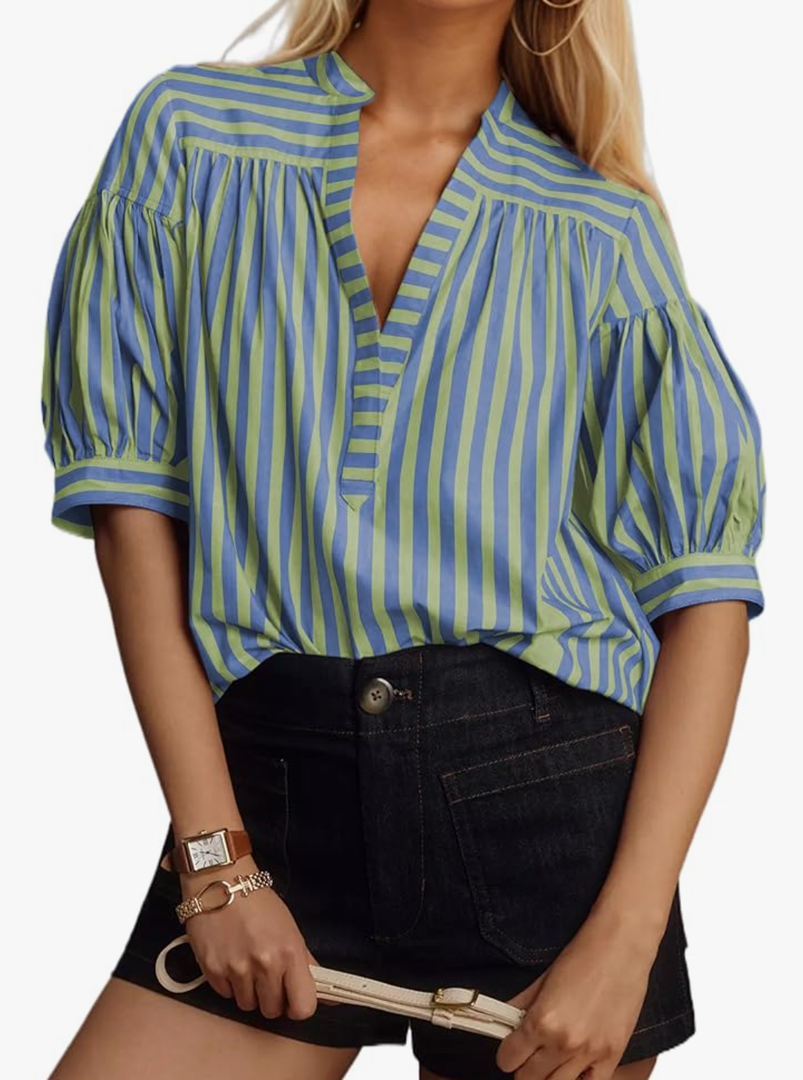 Womens Short Puff Sleeve Striped Blouses Top V Neck Loose Fit Casual Summer Work Blouses Striped Shirt Size Large