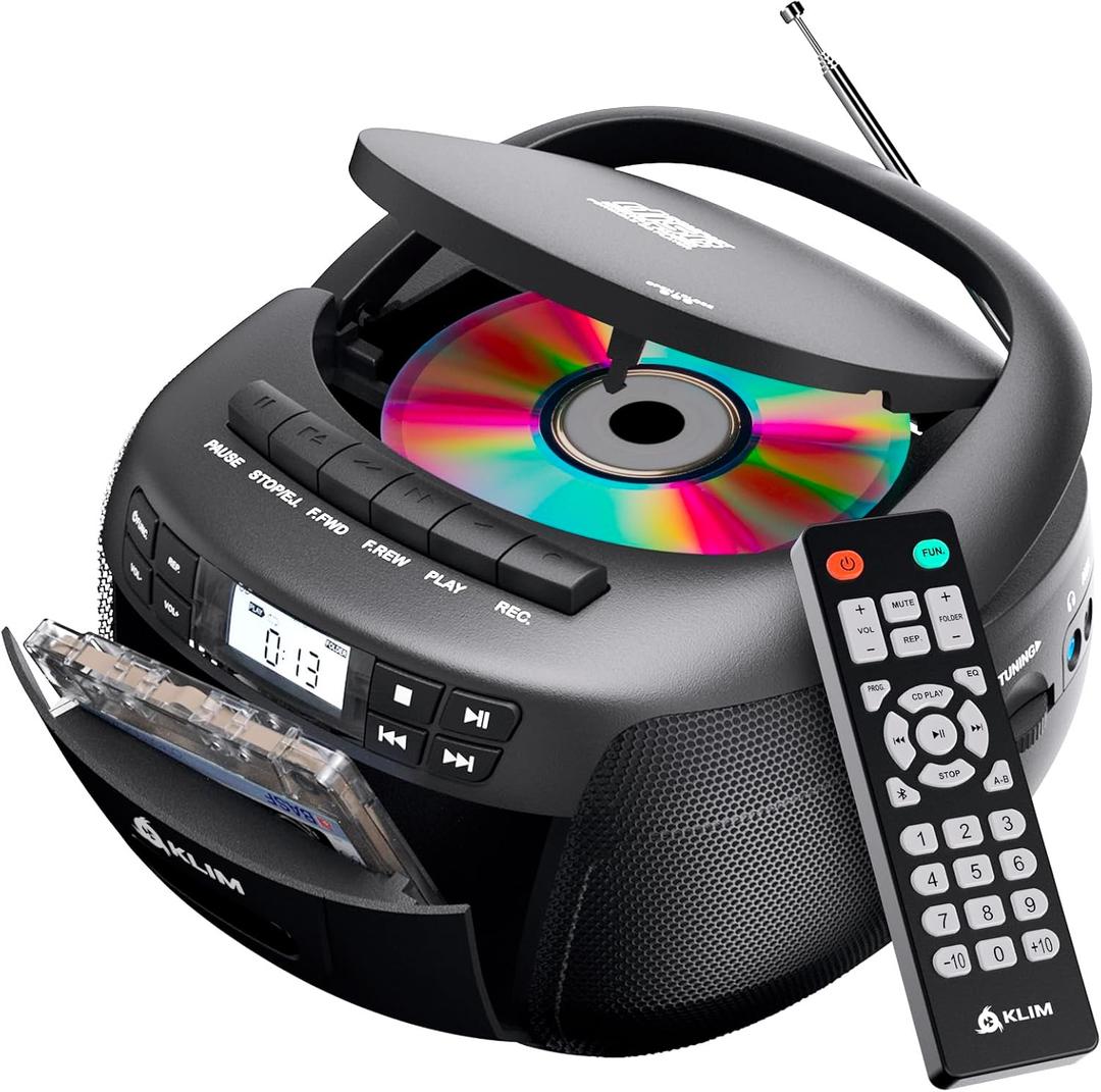 KLIM CD + Cassette Tape Player, Bluetooth CD Boombox, AM/FM Radio, Stereo Sound, Remote, CD and Cassette Player Combo, Tape Recording, USB Drive, AUX (Black)