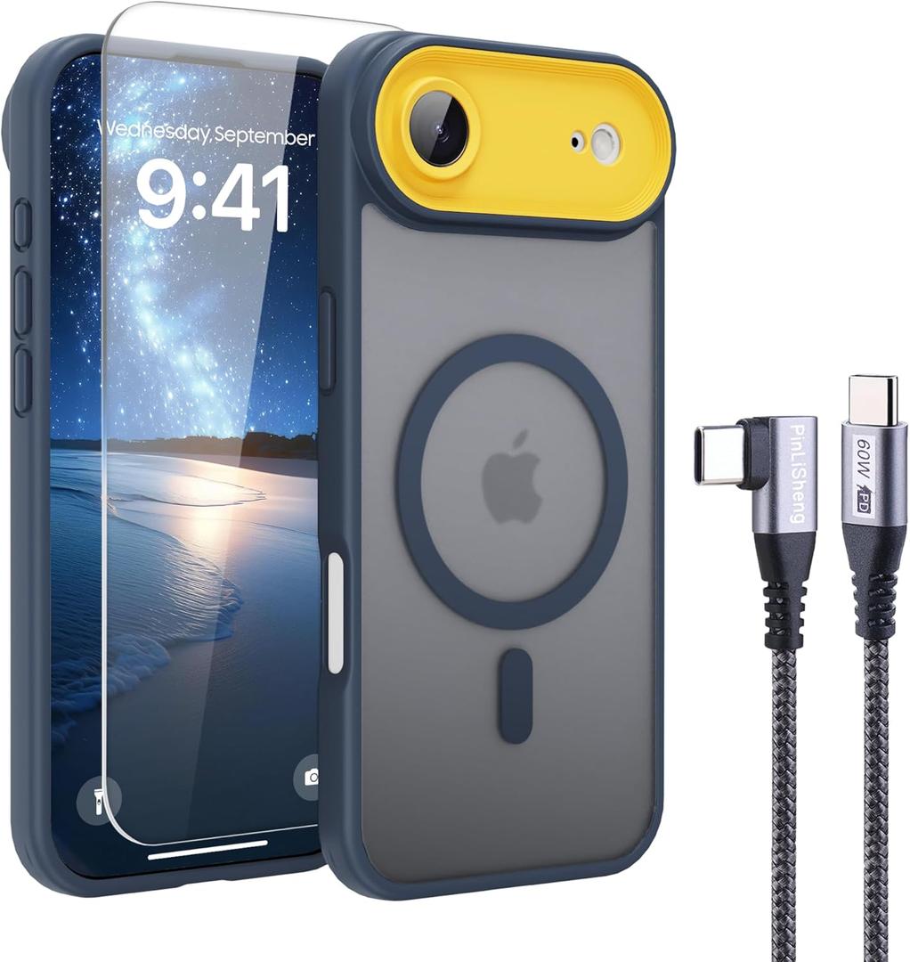 PinLiSheng 4 in 1 Magnetic for iPhone Air Case [with 1X Screen Protector, Braided Cable, Removable Lens Case] [Mil-Grade Drop Protection] Shockproof Slim Translucent Matte Protective Phone Case, Blue
