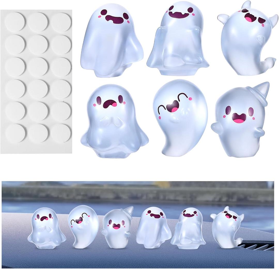 2 x TIESOME 6PCS Luminous Ghost Car Dashboard Decor, Fun Ghost Car Dash Decorations Ornaments Rear View Mirror Ornament Glow in Dark for Vehicle Home Office Garden Landscape Party