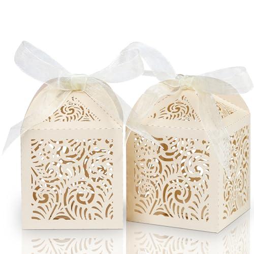COTOPHER 60Pcs Laser Cut Favor Boxes, 2x2x2.75in Small Gift Box for Presents, Party Wedding Favors With Ribbon, Mini Candy Box for Event Bridal Shower Anniversary Birthday Christmas, Beige