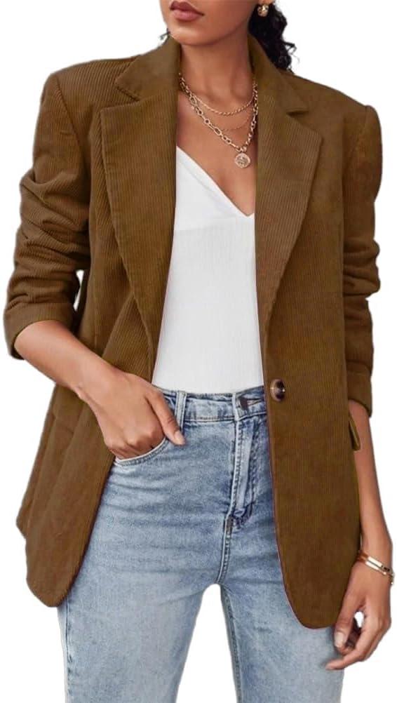IDEALSANXUN Womens Corduroy Blazer Fall Winter Casual Blazer Dressy Suit Jackets (Brown, L)