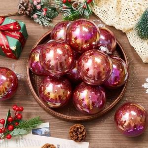Wettarn 24 Pcs 4 Inch Glittering Christmas Balls Fantasy Plastic Shiny Christmas Iridescent Ornaments Balls for DIY Crafts Hanging with Lid and Rope for Xmas Tree Party Decor(Ruby)