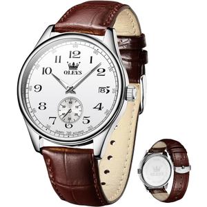 OLEVS Mens Watches Vintage Leather Band Dress Classic Easy Reader Arabic Numerals Analog Quartz Waterproof Date Day Men's Wrist Watches