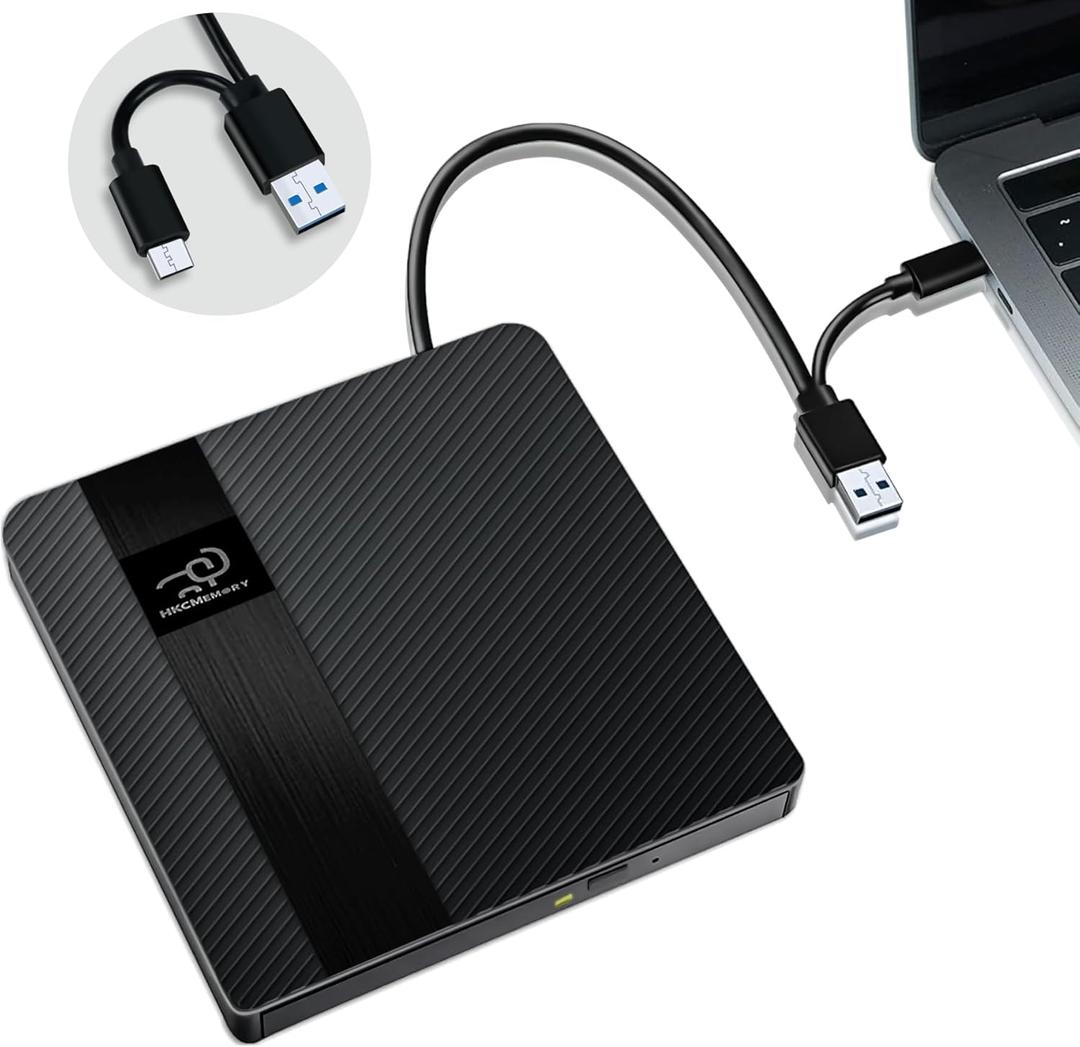 External CD/DVD Drive USB 3.0 & Type-C Slim Portable DVD Player+/-RW Disk Drive CD Burner Writer Reader CD ROM, for Laptop Desktop PC MacBook Mac Windows 11/10/8/7 Linux OS Apple