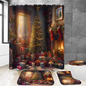 Chrainy 4Pcs Christmas Tree Shower Curtain Sets 4Pcs Boxes Fireplace Bathroom Set Holiday Decor with Non-Slip Rugs Bath U-Shaped Mat Toilet Lid Cover with 12 Hooks (Brown)
